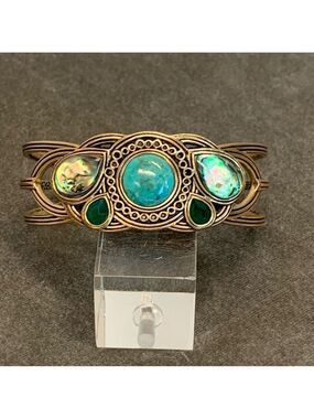 Barse Bronze metal Genuine Turquoise Abalone and green onyx bangle bracelet